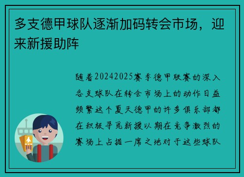 多支德甲球队逐渐加码转会市场，迎来新援助阵